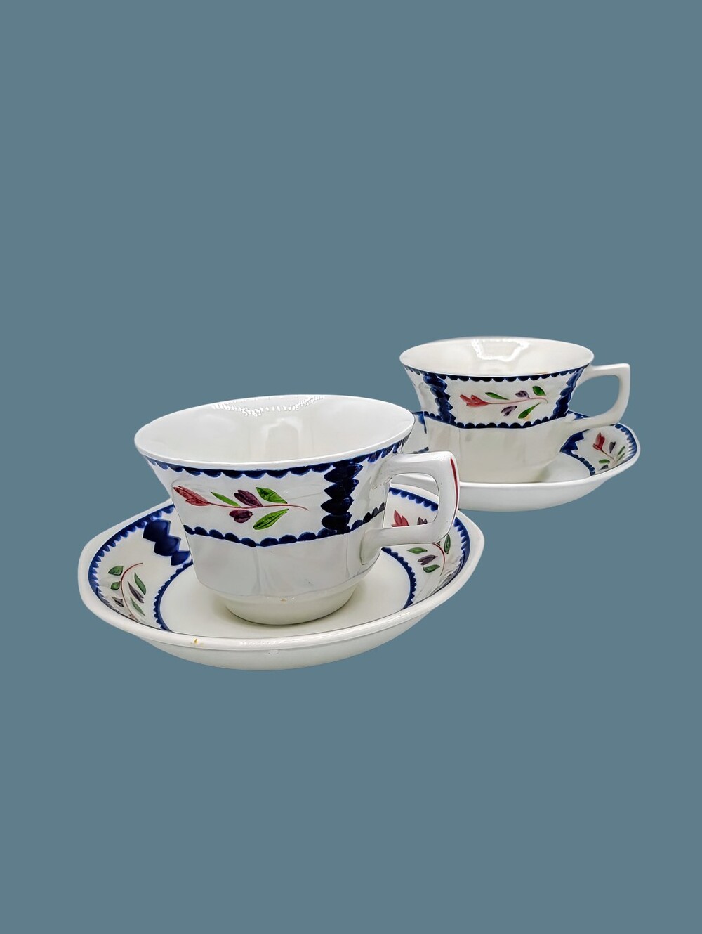 Adams Lancaster England Ironstone 2 Cup Saucer Sets Blue Floral Cottage Tea VTG